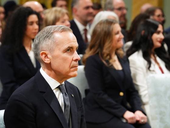 March 14, 2025, Ottawa, On, Canada: Prime minister-designate Mark Carney, left, and Chrystia Freeland look on ahead of a swearing in ceremony at Rideau Hall in Ottawa on Friday, March 14, 2025. Ottawa Canada  - ZUMAc35_ 20250314_zaf_c35_069 Copyright: xSeanxKilpatrickx