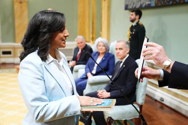 March 14, 2025, Ottawa, On, Canada: Anita Anand is sworn in as the Minister of Innovation, Science and Industry during a swearing in ceremony at Rideau Hall in Ottawa on Friday, March 14, 2025. Ottawa Canada  - ZUMAc35_ 20250314_zaf_c35_073 Copyright: xSeanxKilpatrickx