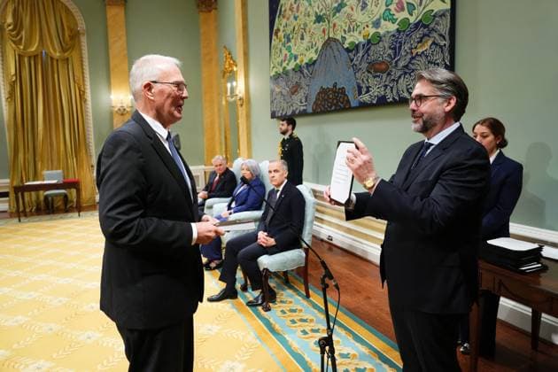 March 14, 2025, Ottawa, On, Canada: Bill Blair is sworn in as the Minister of National Defence during a swearing in ceremony at Rideau Hall in Ottawa on Friday, March 14, 2025. Ottawa Canada  - ZUMAc35_ 20250314_zaf_c35_075 Copyright: xSeanxKilpatrickx