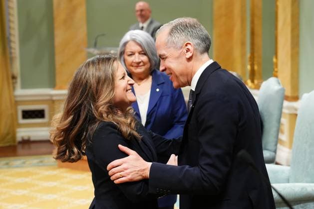 March 14, 2025, Ottawa, On, Canada: Chrystia Freeland is congratulated by Prime Minister Mark Carney after being sworn in as the Minister of Transport and Internal Trade during a swearing in ceremony at Rideau Hall in Ottawa on Friday, March 14, 2025. Ottawa Canada  - ZUMAc35_ 20250314_zaf_c35_080 Copyright: xSeanxKilpatrickx
