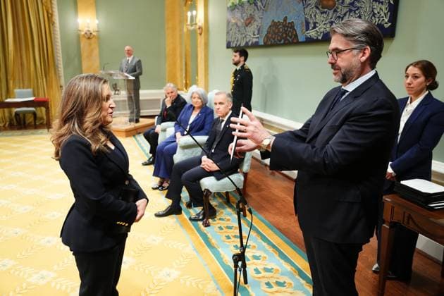 March 14, 2025, Ottawa, On, Canada: Chrystia Freeland is sworn in as the Minister of Transport and Internal Trade during a swearing in ceremony at Rideau Hall in Ottawa on Friday, March 14, 2025. Ottawa Canada  - ZUMAc35_ 20250314_zaf_c35_081 Copyright: xSeanxKilpatrickx