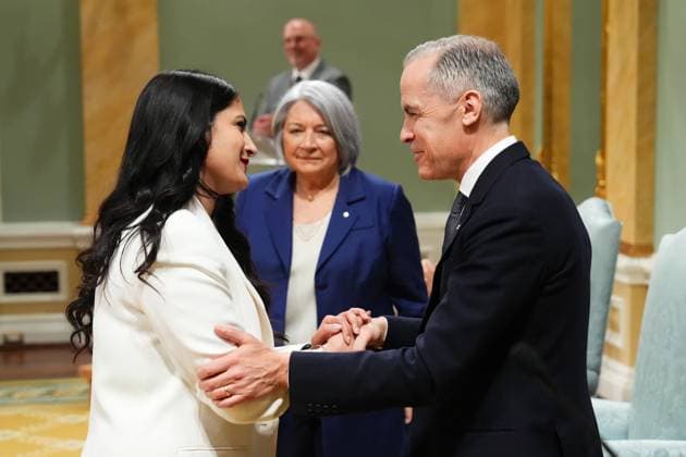 March 14, 2025, Ottawa, On, Canada: Kamal Khera is congratulated by Prime Minister Mark Carney after being sworn in as the Minister of Health during a swearing in ceremony at Rideau Hall in Ottawa on Friday, March 14, 2025. Ottawa Canada  - ZUMAc35_ 20250314_zaf_c35_082 Copyright: xSeanxKilpatrickx