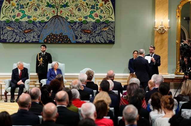 March 14, 2025, Ottawa, On, Canada: Mark Carney (right) is sworn in as the 24th prime minister of Canada at Rideau Hall in Ottawa on Friday, March 14, 2025. Ottawa Canada  - ZUMAc35_ 20250314_zaf_c35_088 Copyright: xJustinxTangx