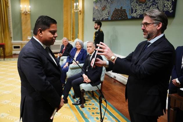 March 14, 2025, Ottawa, On, Canada: Gary Anandasangaree is sworn in as the Minister of Justice and Attorney General of Canada and Minister of Crown-Indigenous Relations and Northern Affairs during a swearing in ceremony at Rideau Hall in Ottawa on Friday, March 14, 2025. Ottawa Canada  - ZUMAc35_ 20250314_zaf_c35_089 Copyright: xSeanxKilpatrickx
