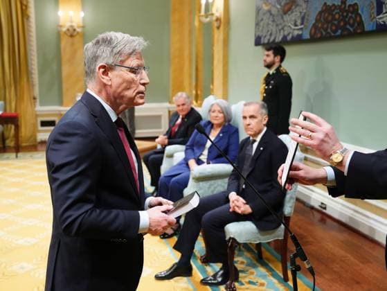 March 14, 2025, Ottawa, On, Canada: Terry Duguid is sworn in as the Minister of Environment and Climate Change during a swearing in ceremony at Rideau Hall in Ottawa on Friday, March 14, 2025. Ottawa Canada  - ZUMAc35_ 20250314_zaf_c35_093 Copyright: xSeanxKilpatrickx