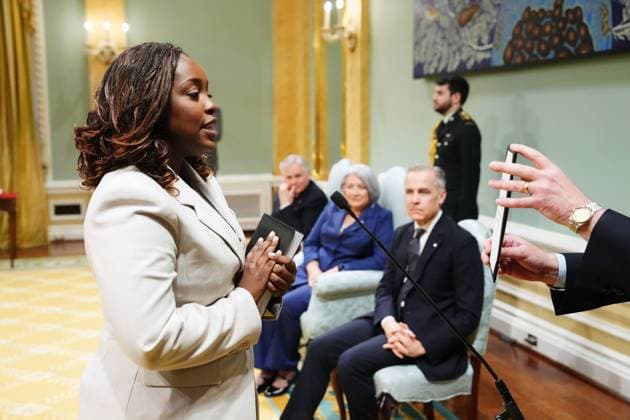 March 14, 2025, Ottawa, On, Canada: Arielle Kayabaga is sworn in as the Leader of the Government in the House of Commons and Minister of Democratic Institutions during a swearing in ceremony at Rideau Hall in Ottawa on Friday, March 14, 2025. Ottawa Canada  - ZUMAc35_ 20250314_zaf_c35_099 Copyright: xSeanxKilpatrickx
