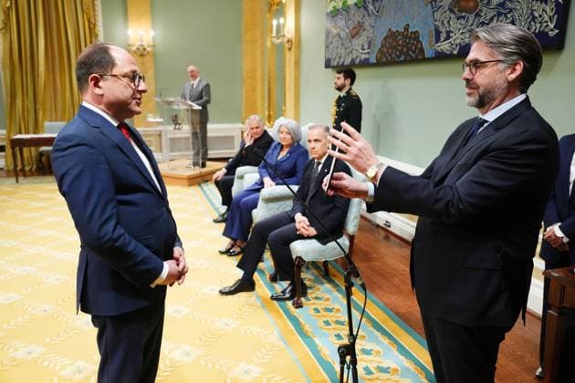 March 14, 2025, Ottawa, On, Canada: Ali Ehsassi is sworn in as the Minister of Government Transformation, Public Services and Procurement during a swearing in ceremony at Rideau Hall in Ottawa on Friday, March 14, 2025. Ottawa Canada  - ZUMAc35_ 20250314_zaf_c35_101 Copyright: xSeanxKilpatrickx