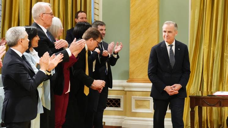 March 14, 2025, Ottawa, On, Canada: Prime Minister Mark Carney looks at members of his soon to be sworn in cabinet after being sworn in as prime minister during a ceremony at Rideau Hall in Ottawa on Friday, March 14, 2025. Ottawa Canada  - ZUMAc35_ 20250314_zaf_c35_109 Copyright: xSeanxKilpatrickx