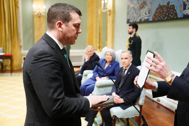 March 14, 2025, Ottawa, On, Canada: Kody Blois is sworn in as the Minister of Agriculture and Agri-Food and Rural Economic Development during a swearing in ceremony at Rideau Hall in Ottawa on Friday, March 14, 2025. Ottawa Canada  - ZUMAc35_ 20250314_zaf_c35_131 Copyright: xSeanxKilpatrickx