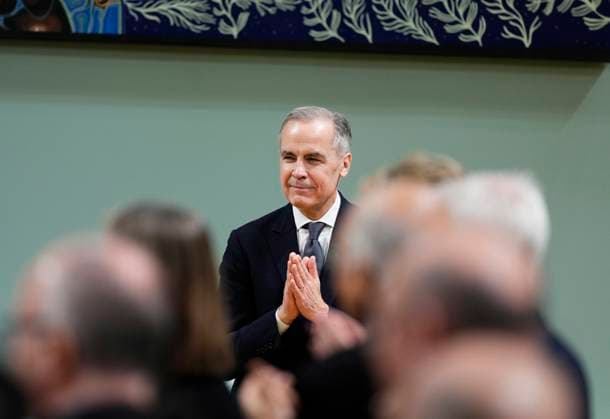March 14, 2025, Ottawa, On, Canada: Prime Minister Mark Carney gestures after his new cabinet members were sworn in at Rideau Hall in Ottawa on Friday, March 14, 2025. Ottawa Canada  - ZUMAc35_ 20250314_zaf_c35_133 Copyright: xJustinxTangx