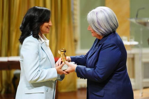 March 14, 2025, Ottawa, On, Canada: Minister of Innovation, Science and Industry Anita Anand, left, is presented with the Great Seal of Canada by Gov. Gen. Mary Simon during a swearing in ceremony at Rideau Hall in Ottawa on Friday, March 14, 2025. Ottawa Canada  - ZUMAc35_ 20250314_zaf_c35_163 Copyright: xSeanxKilpatrickx