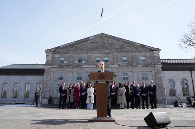 March 14, 2025, Ottawa, On, Canada: Prime Minister Mark Carney holds a press conference as members of his cabinet look on following a swearing in ceremony at Rideau Hall in Ottawa on Friday, March 14, 2025. Ottawa Canada  - ZUMAc35_ 20250314_zaf_c35_170 Copyright: xAdrianxWyldx