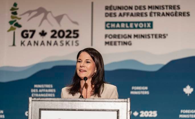 March 14, 2025, La Malbaie, Quebec, CANADA: German foreign minister Annalena Baerbock speaks to the media during the G7 Foreign Ministers meeting in La Malbaie, Charlevoix, Quebec, Canada March 13, 2025. La Malbaie CANADA - ZUMAl128 20250314_zap_l128_008 Copyright: xPatricexLapointex