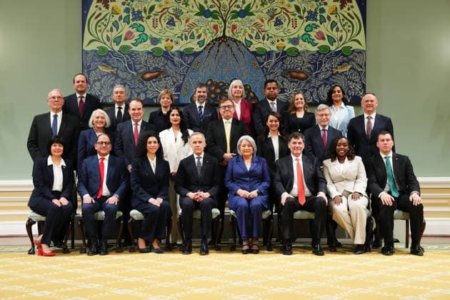 March 14, 2025, Ottawa, On, Canada: p>Prime Minister Mark Carney, front fourth from left, poses with members of the newly sworn-in Liberal cabinet following a ceremony at Rideau Hall in Ottawa on Friday, March 14, 2025. Ottawa Canada  - ZUMAc35_ 20250314_zaf_c35_221 Copyright: xSeanxKilpatrickx