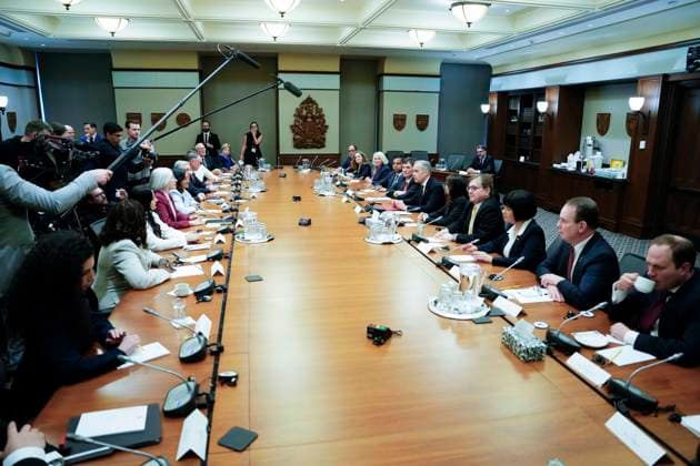 March 14, 2025, Ottawa, On, CAN: Prime Minister Mark Carney sits with his cabinet as he speaks before signing an order-in-council to eliminate the consumer carbon price, on Parliament Hill in Ottawa, on Friday, March 14, 2025. Ottawa CAN  - ZUMAc35_ 20250314_zaf_c35_267 Copyright: xJustinxTangx