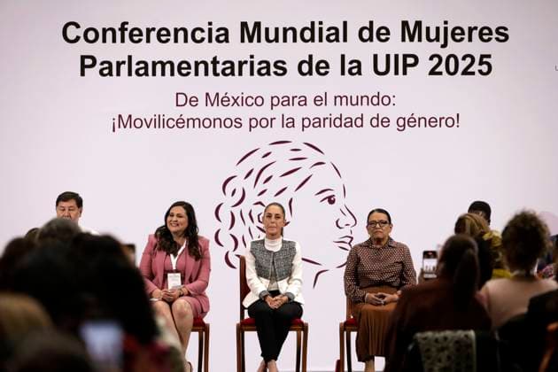 IPU Global Conference of Women Parliamentarians (L-R) Senator Senator Cynthia Lopez Castro, Mexico™s President Claudia Sheinbaum Pardo, and the Secretary of the Interior, Rosa Icela Rodriguez during the IPU Global Conference of Women Parliamentarians at the National Palace. on March 14, 2025 in Mexico City, Mexico. (Photo by Luis Barron Eyepix Group) Copyright: xLuisxBarron xEyepixxGroupx LB_14032025_147097