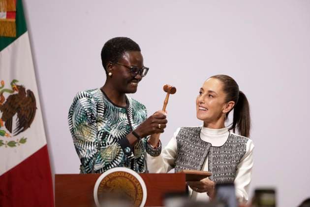 IPU Global Conference of Women Parliamentarians Mexico™s President Claudia Sheinbaum and President of the Inter-Parliamentary Union and member of the National Assembly of Tanzania, Tulia Akso during the IPU Global Conference of Women Parliamentarians at the National Palace. on March 14, 2025 in Mexico City, Mexico. (Photo by Luis Barron Eyepix Group) Copyright: xLuisxBarron xEyepixxGroupx LB_14032025_147106