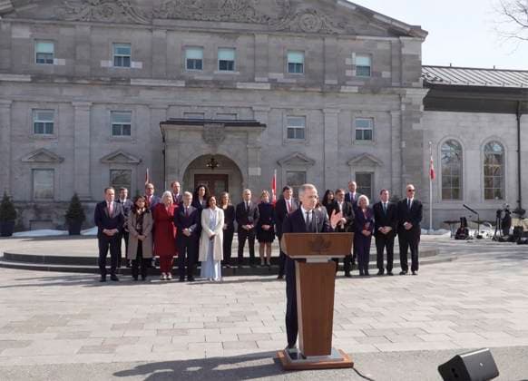 (250314) -- OTTAWA, March 14, 2025 -- The screenshot from a video shows Mark Carney (Front) speaking to the media after a swearing-in ceremony in Ottawa, Canada, on March 14, 2025. Canada s ruling Liberal Party leader Mark Carney was sworn in as the 24th prime minister of the country and appointed a new cabinet on Friday. (Photo by Xinhua) CANADA-OTTAWA-MARK CARNEY-PRIME MINISTER-SWEARING-IN MickxGzowski 