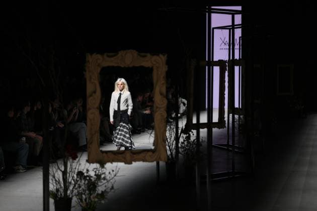 Russia Moscow Fashion Week 8880309 16.03.2025 A model presents a creation by the brand XAKAMA during the 4th Moscow Fashion Week at the Manege Central Exhibition Hall in Moscow, Russia. Grigory Sysoev Sputnik Moscow Russia  Copyright: xGrigoryxSysoevx