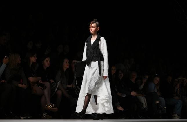 Russia Moscow Fashion Week 8880313 16.03.2025 A model presents a creation by the brand XAKAMA during the 4th Moscow Fashion Week at the Manege Central Exhibition Hall in Moscow, Russia. Grigory Sysoev Sputnik Moscow Russia  Copyright: xGrigoryxSysoevx