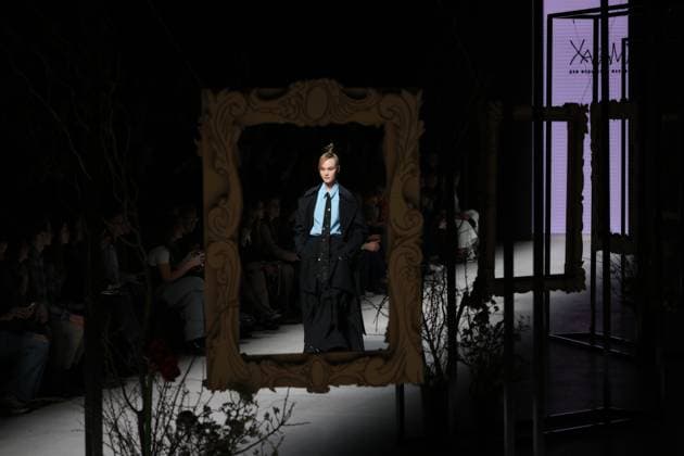 Russia Moscow Fashion Week 8880321 16.03.2025 A model presents a creation by the brand XAKAMA during the 4th Moscow Fashion Week at the Manege Central Exhibition Hall in Moscow, Russia. Grigory Sysoev Sputnik Moscow Russia  Copyright: xGrigoryxSysoevx