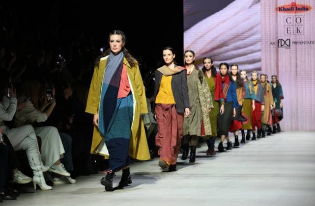 Russia Moscow Fashion Week 8880325 16.03.2025 Models present creations by Indian brand CoEK - Khadi during the 4th Moscow Fashion Week at the Manege Central Exhibition Hall in Moscow, Russia. Grigory Sysoev Sputnik Moscow Russia  Copyright: xGrigoryxSysoevx