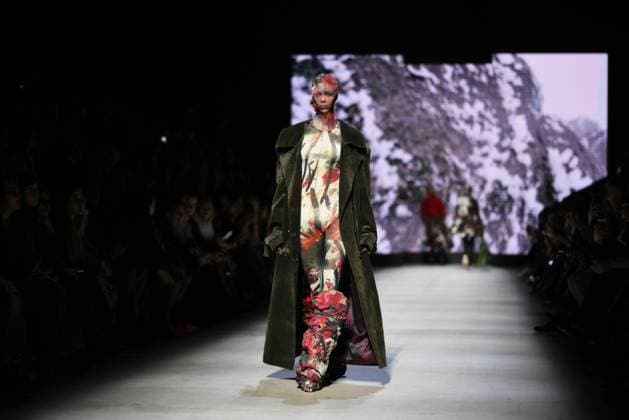 Russia Moscow Fashion Week 8880463 16.03.2025 A model presents a creation by the brand GAPANOVICH during the 4th Moscow Fashion Week at the Manege Central Exhibition Hall in Moscow, Russia. Grigory Sysoev Sputnik Moscow Russia  Copyright: xGrigoryxSysoevx