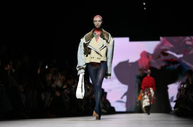 Russia Moscow Fashion Week 8880467 16.03.2025 A model presents a creation by the brand GAPANOVICH during the 4th Moscow Fashion Week at the Manege Central Exhibition Hall in Moscow, Russia. Grigory Sysoev Sputnik Moscow Russia  Copyright: xGrigoryxSysoevx