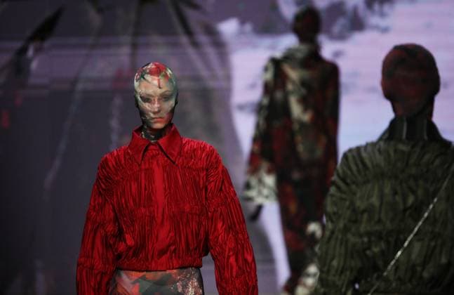 Russia Moscow Fashion Week 8880476 16.03.2025 Models present creations by the brand GAPANOVICH during the 4th Moscow Fashion Week at the Manege Central Exhibition Hall in Moscow, Russia. Grigory Sysoev Sputnik Moscow Russia  Copyright: xGrigoryxSysoevx