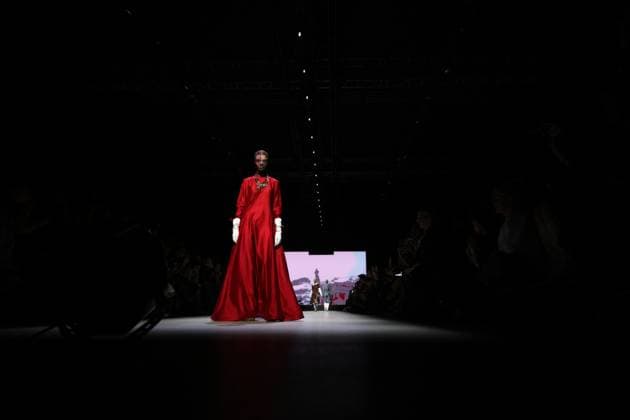 Russia Moscow Fashion Week 8880480 16.03.2025 A model presents a creation by the brand GAPANOVICH during the 4th Moscow Fashion Week at the Manege Central Exhibition Hall in Moscow, Russia. Grigory Sysoev Sputnik Moscow Russia  Copyright: xGrigoryxSysoevx