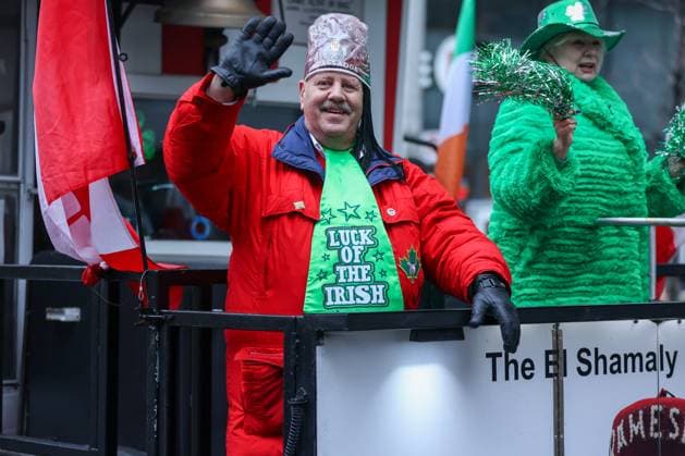 2025 Toronto St. Patrick s Day Parade A parade participant waves their hand while wearing a big tie that says Luck Of the Irish during the 2025 Toronto St. Patrick s Day Parade in Toronto, Ontario, Canada, on March 16, 2025. Toronto Ontario Canada  Copyright: xIndrawanxKumalax originalFilename: kumala-2025toro250316_npIBZ.jpg
