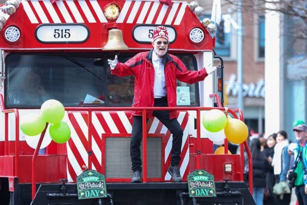2025 Toronto St. Patrick s Day Parade A parade participant yells and dances in front of a locomotive-like truck during the 2025 Toronto St. Patrick s Day Parade in Toronto, Ontario, Canada, on March 16, 2025. Toronto Ontario Canada  Copyright: xIndrawanxKumalax originalFilename: kumala-2025toro250316_nprDV.jpg