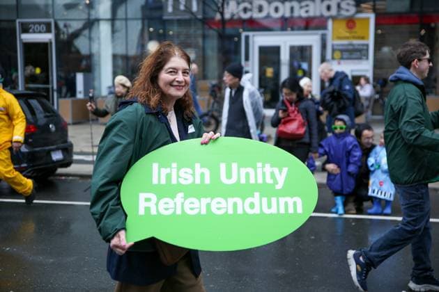 2025 Toronto St. Patrick s Day Parade In Toronto, Ontario, Canada, on March 16, 2025, a parade participant carries a sign with the message: Irish Unity Referendum during the 2025 Toronto St. Patrick s Day Parade. Toronto Ontario Canada  Copyright: xIndrawanxKumalax originalFilename: kumala-2025toro250316_npy12.jpg