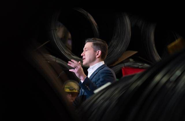 March 17, 2025, L orignal, On, Canada: Conservative Leader Pierre Poilievre speaks during a news conference at the Ivaco rolling mill in L Orignal, Ont., Monday, March 17, 2025. L orignal Canada  - ZUMAc35_ 20250317_zaf_c35_078 Copyright: xAdrianxWyldx