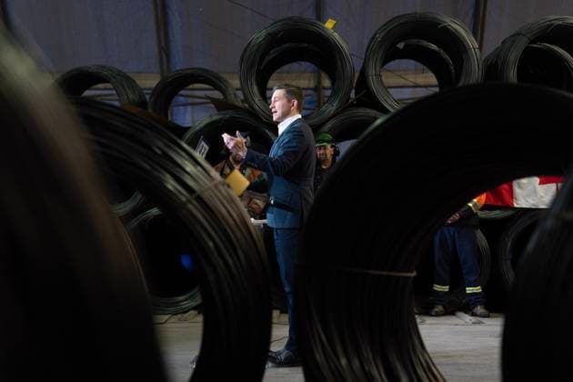 March 17, 2025, L orignal, On, Canada: Conservative Leader Pierre Poilievre speaks during a news conference at the Ivaco rolling mill in L Orignal, Ont., Monday, March 17, 2025. L orignal Canada  - ZUMAc35_ 20250317_zaf_c35_080 Copyright: xAdrianxWyldx