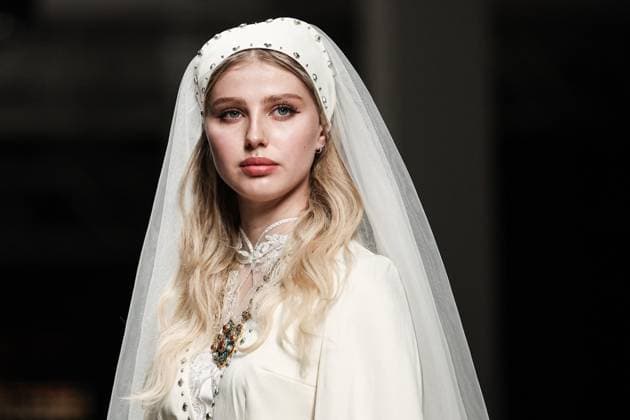 RUSSIA, MOSCOW - MARCH 18, 2025: A model showcases creations during a runway show for the collection by Bouzma ethnique as part of the 4th Moscow Fashion Week at the Manege Central Exhibition Hall. Valery Sharifulin TASS  79201000
