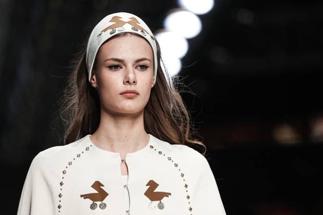 RUSSIA, MOSCOW - MARCH 18, 2025: A model showcases creations during a runway show for the collection by Bouzma ethnique as part of the 4th Moscow Fashion Week at the Manege Central Exhibition Hall. Valery Sharifulin TASS  79201001