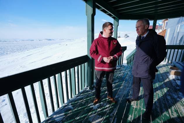 March 18, 2025, Iqaluit, Nunavut, Canada: Prime Minister Mark Carney, right, meets with Nunavut Premier P.J. Akeeagok at the Nunavut Commissioner s official residence in Iqaluit, Nunavut, on Tuesday, March 18, 2025. Iqaluit Canada - ZUMAc35_ 20250318_zaf_c35_010 Copyright: xSeanxKilpatrickx