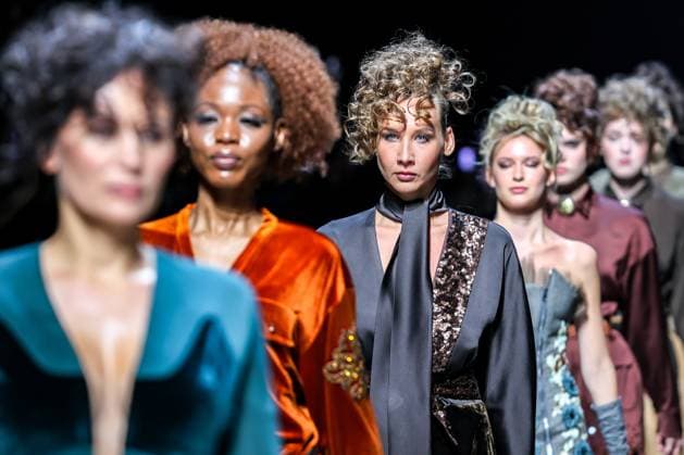 RUSSIA, MOSCOW - MARCH 18, 2025: Models showcase creations from designer Julia Dalakian during a runway show of the 4th Moscow Fashion Week at the Manege Central Exhibition Hall. Arina Antonova TASS  79211553