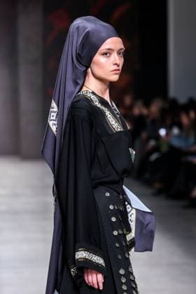 RUSSIA, MOSCOW - MARCH 18, 2025: A model showcases a creation by Bouzma ethnique during a runway show of the 4th Moscow Fashion Week at the Manege Central Exhibition Hall. Arina Antonova TASS  79211528
