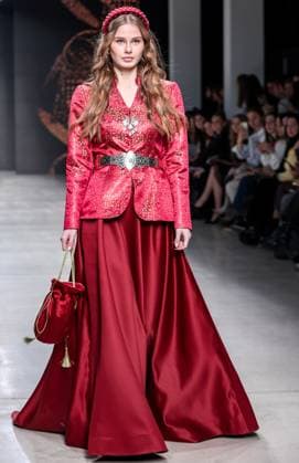 RUSSIA, MOSCOW - MARCH 18, 2025: A model showcases a creation by Bouzma ethnique during a runway show of the 4th Moscow Fashion Week at the Manege Central Exhibition Hall. Arina Antonova TASS  79211531