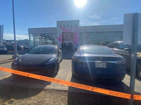 March 19, 2025, Montreal, Pq, CANADA: Activists from Last Generation Canada sprayed a Montreal Tesla dealership with pink paint as shown on Wednesday, March 19 in Montreal. Montreal CANADA  - ZUMAc35_ 20250319_zaf_c35_007 Copyright: xSto PhanexBlaisx