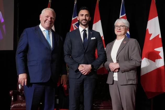 March 19, 2025, Toronto, On, CANADA: Ontario Premier Doug Ford, left to right, Minister of Energy and Mines Stephen Lecce and Ontario Lt. Gov. Edith Dumont pose for a photo during a cabinet swearing-in ceremony in Toronto on Wednesday, March 19, 2025. Toronto CANADA  - ZUMAc35_ 20250319_zaf_c35_049 Copyright: xNathanxDenettex