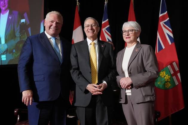 March 19, 2025, Toronto, On, CANADA: Ontario Premier Doug Ford, left to right, Minister of Economic Development, Job Creation and Trade Vic Fedeli and Ontario Lt. Gov. Edith Dumont pose for a photo during a cabinet swearing-in ceremony in Toronto on Wednesday, March 19, 2025. Toronto CANADA  - ZUMAc35_ 20250319_zaf_c35_046 Copyright: xNathanxDenettex