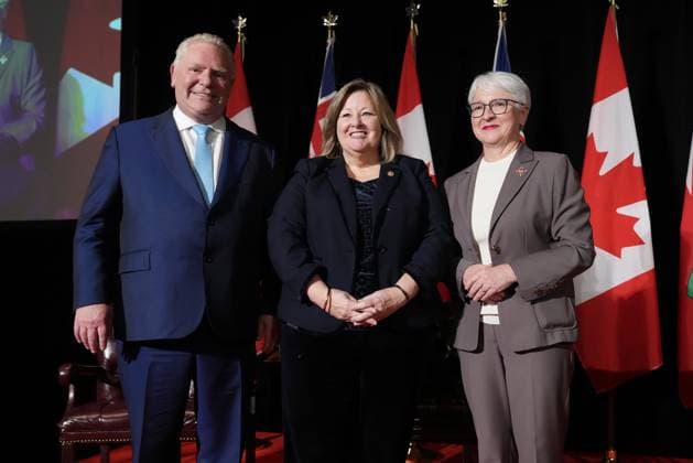 March 19, 2025, Toronto, On, CANADA: Ontario Premier Doug Ford, left to right, Minister of Rural Affairs Lisa Thompson and Ontario Lt. Gov. Edith Dumont pose for a photo during a cabinet swearing-in ceremony in Toronto on Wednesday, March 19, 2025. Toronto CANADA  - ZUMAc35_ 20250319_zaf_c35_047 Copyright: xNathanxDenettex