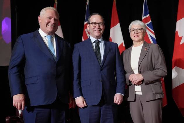March 19, 2025, Toronto, On, CANADA: Ontario Premier Doug Ford, left to right, Attorney General Doug Downey and Ontario Lt. Gov. Edith Dumont pose for a photo during a cabinet swearing-in ceremony in Toronto on Wednesday, March 19, 2025. Toronto CANADA  - ZUMAc35_ 20250319_zaf_c35_055 Copyright: xNathanxDenettex
