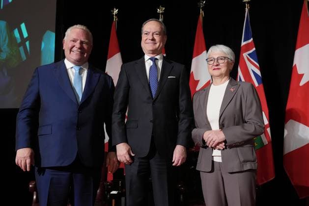 March 19, 2025, Toronto, On, CANADA: Ontario Premier Doug Ford, left to right, Minister of Finance Peter Bethlenfalvy and Ontario Lt. Gov. Edith Dumont pose for a photo during a cabinet swearing-in ceremony in Toronto on Wednesday, March 19, 2025. Toronto CANADA  - ZUMAc35_ 20250319_zaf_c35_051 Copyright: xNathanxDenettex