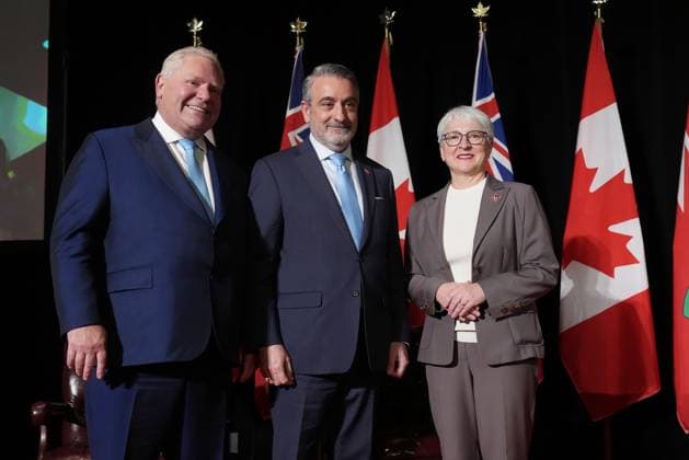 March 19, 2025, Toronto, On, CANADA: Ontario Premier Doug Ford, left to right, Minister of Education Paul Calandra and Ontario Lt. Gov. Edith Dumont pose for a photo during a cabinet swearing-in ceremony in Toronto on Wednesday, March 19, 2025. Toronto CANADA  - ZUMAc35_ 20250319_zaf_c35_052 Copyright: xNathanxDenettex