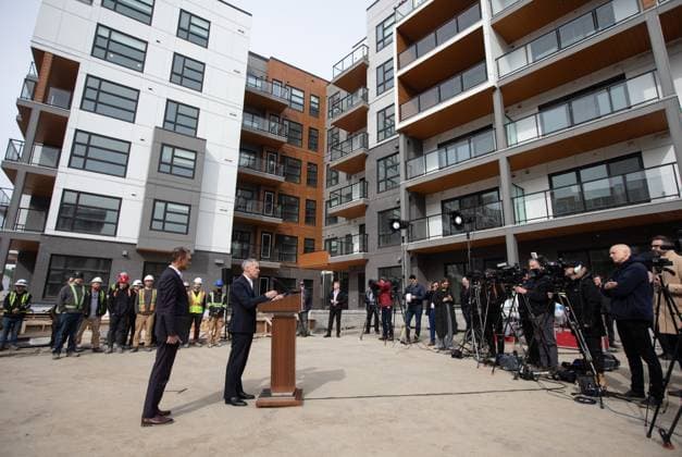 March 20, 2025, Edmonton, Ab, CANADA: Prime Minister Mark Carney announces a new housing policy as Edmonton Mayor Amarjeet Sohi listens during a visit to Edmonton on Thursday, March 20, 2025. Edmonton CANADA  - ZUMAc35_ 20250320_zaf_c35_125 Copyright: xJasonxFransonx