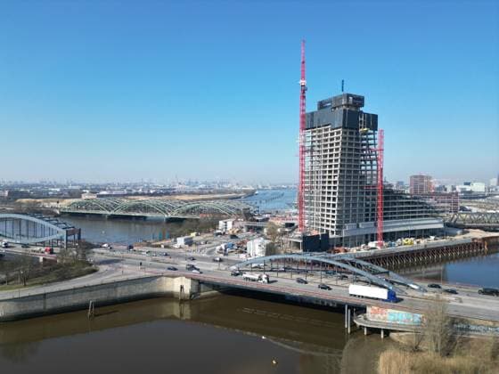 Elbtower an den Elbbrücken, Hamburg 21 3 2025 Norderelbe, Oberhafenkanal, Oberhafenkanalbrücke, Elb Tower, high-rise, Scholztower, skyscraper, Rene Benko, Signa Prime Selection, Hafencity, skyline, architect David Chipperfield, architecture, shell construction, construction project